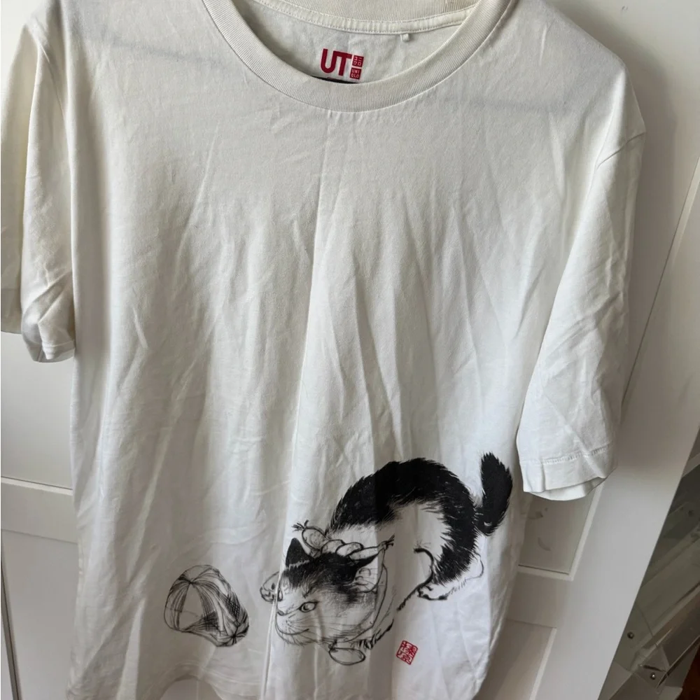 Uniqlo UT White Tee with Black Cat Illustration